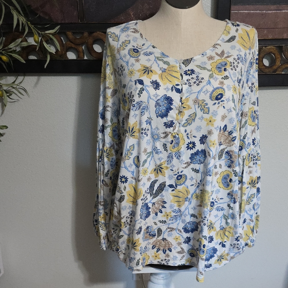 CJ Banks Floral Blouse - Blue and Yellow